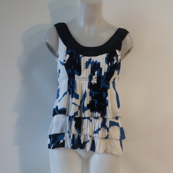 Womens Tory Burch 100% Silk Blue, Black, White Design Pleat Front Tank Blouse 4 - Picture 2 of 7